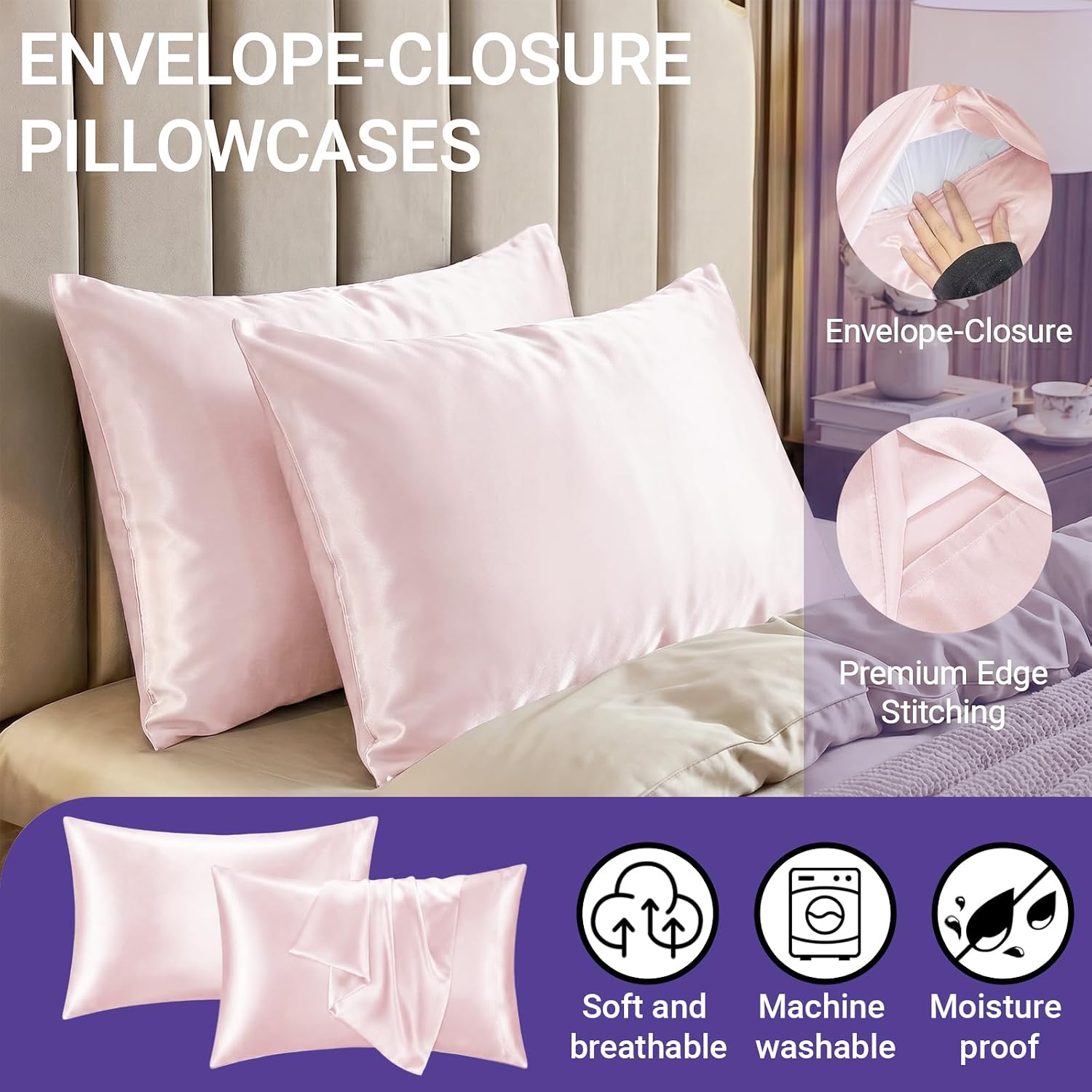 QJFabricCO Q&J Fabric Co. 2 Pack Satin Pillowcase Silk Like Pillow Cases 20x36 inch Pink Cooling Pillow Cases with Envelope Closure for Hai…