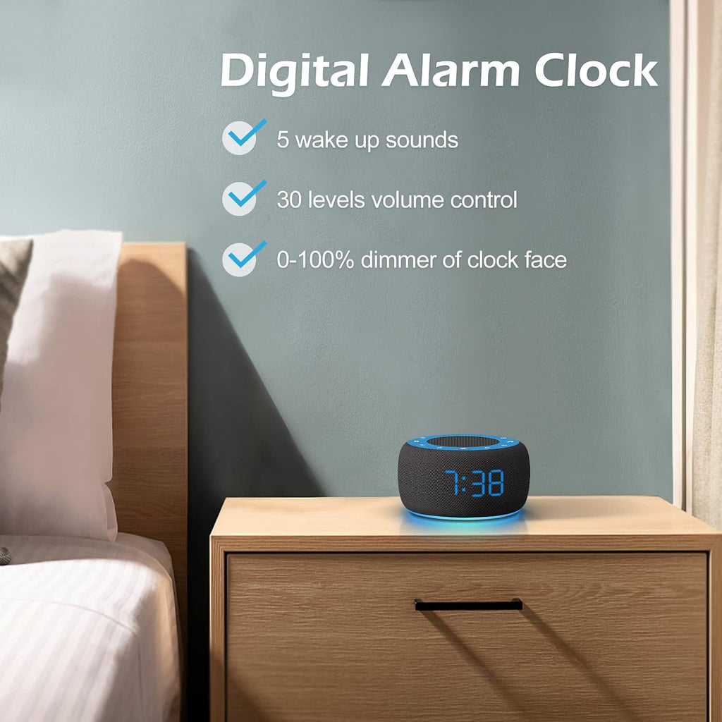Buffbee Sound Machine & Alarm Clock 2-in-1, 0-100% Clock Face Brightness, Bottom Colored Light, Sleep Timer, Precise 30-Level Volume…