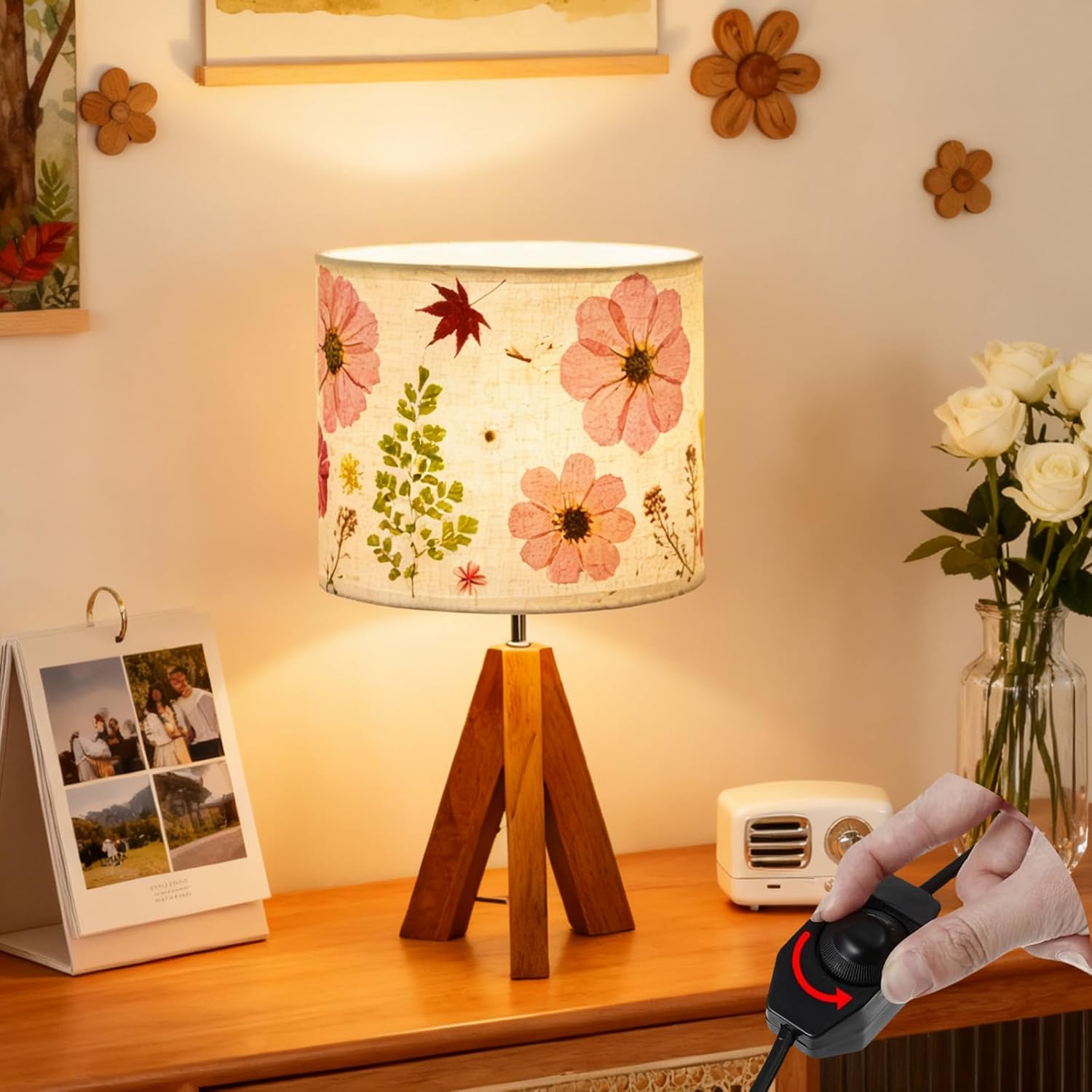 Dried Flowers Tripod Table Lamp 14.96in, 9W LED Dimmable Cute Bedside Lamp with Flowers Linen Lampshade for Nursery, Bedroom, Kid Room…
