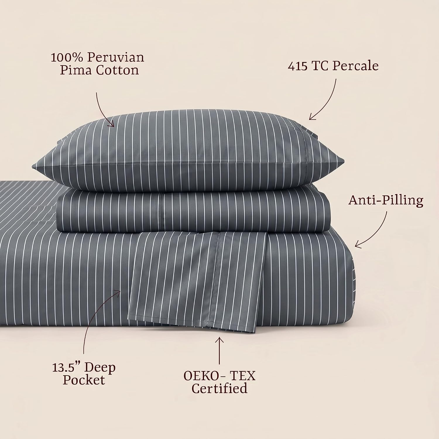 Perupima Peru Pima 415 Thread Count Percal Full Sheet Set - 100% Peruvian Pima Cotton, 4 Piece (Flat, Fitted, 2 Pillowcases) - Cooling, Cri…