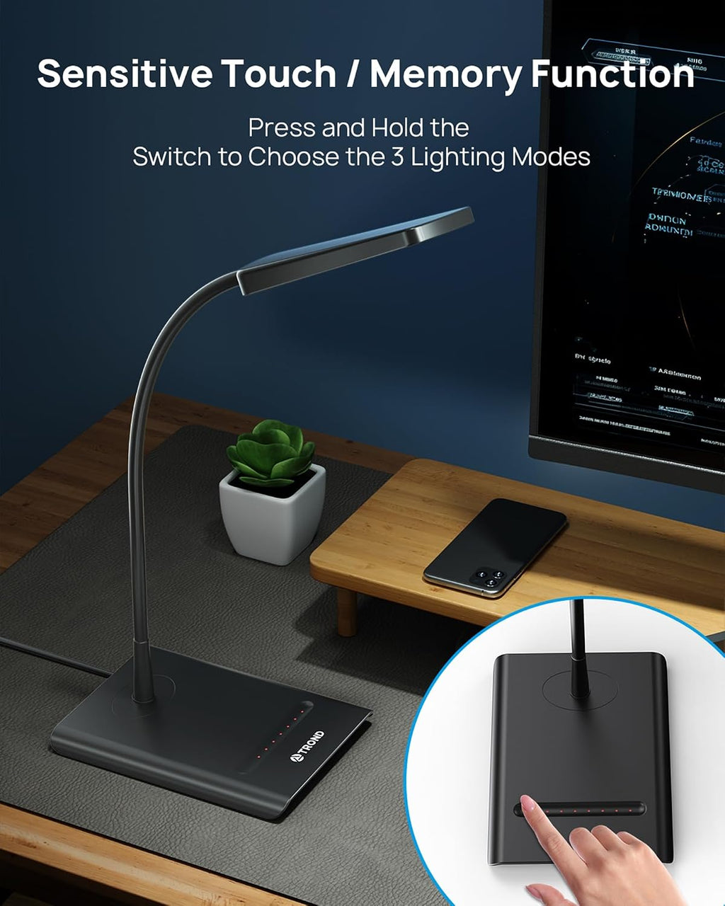 TRONDOfficial TROND Desk Lamp, Bright Dimmable Eye-Caring Table Lamp, 3 Color Modes 7 Brightness Levels, Flexible Gooseneck, Touch Control,…