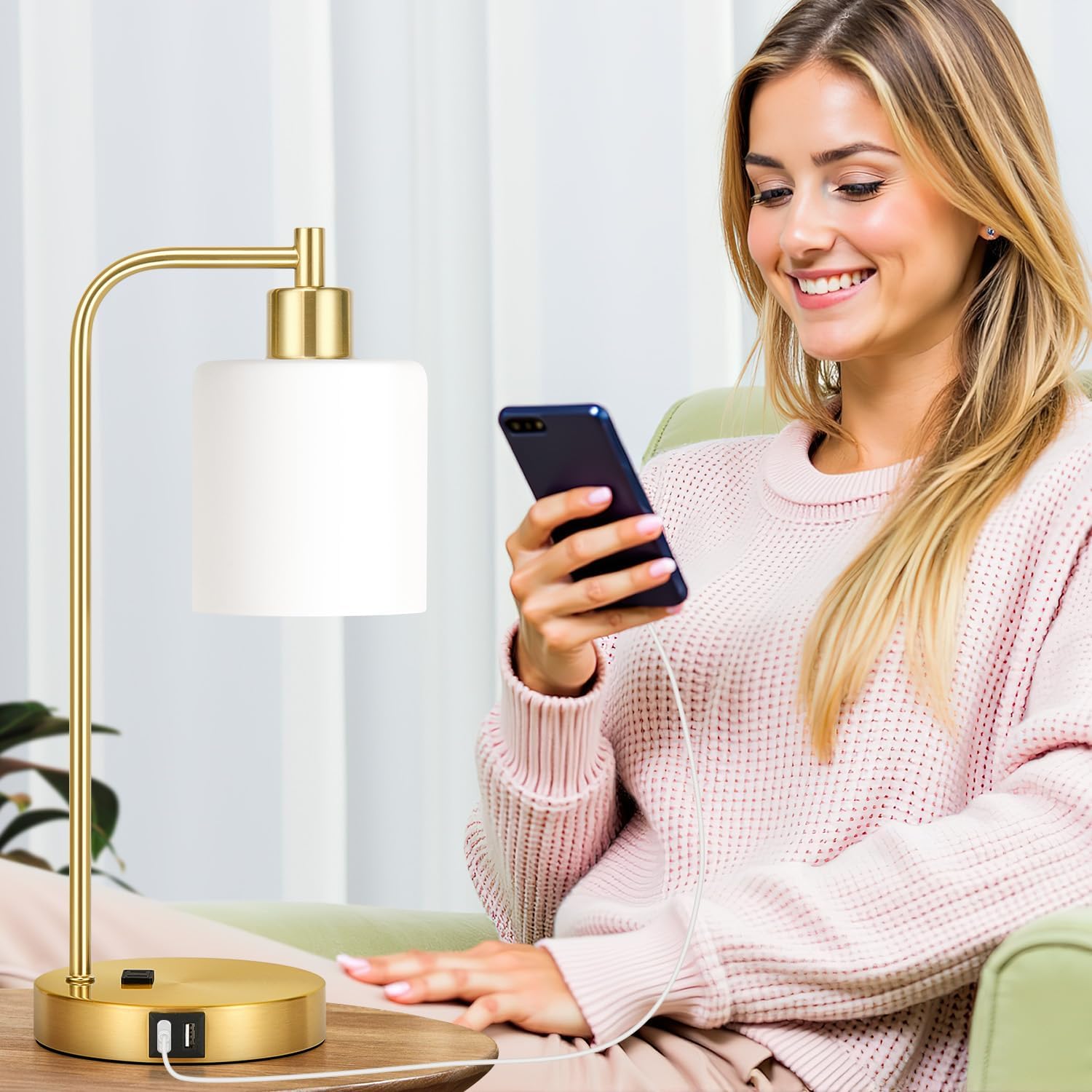 Set of 2 Industrial Touch Control Table Lamps with 2 USB Ports and AC Outlet - 3-Way Dimmable Gold Bedside Lamps Nightstand Desk Lamps…