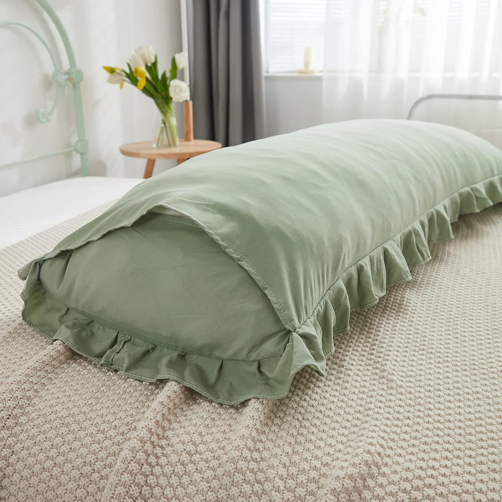 Merryword Sage Green Body Pillow Cover 20x54inches Long Pillowcase Ruffled Pillowcases Shabby Chic Ruffled Fringe Decor Body Ruffled Pillow…