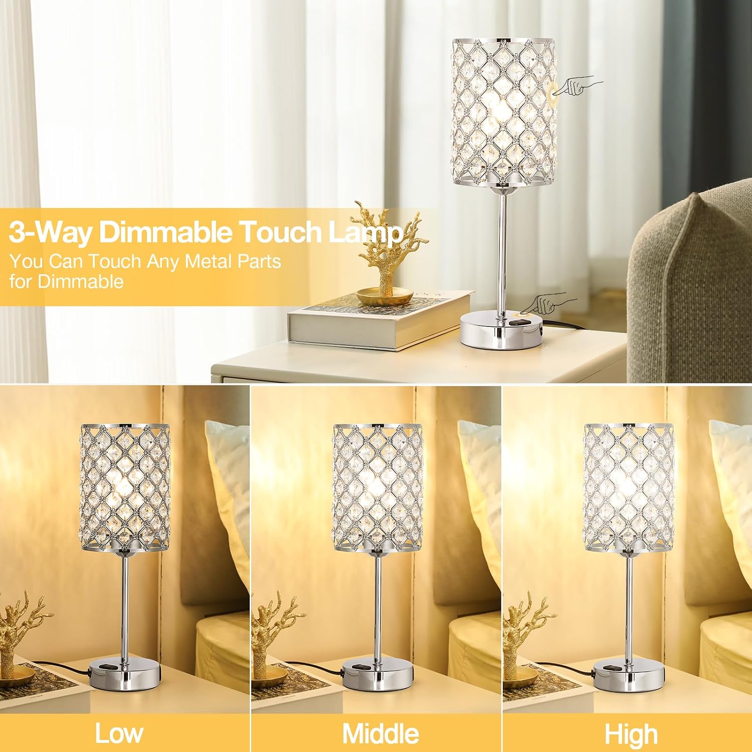 Hong-in Crystal Table Lamp, Crystal Lamp Touch Control with USB-C USB-A Charging Ports & AC Outlets, 3 Way Dimmable Bedside…