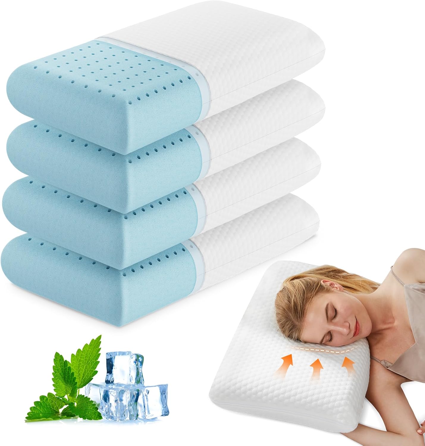 Olixis Memory Foam Pillows for Sleeping,4 Pack Queen Size Bed Pillows for Adults, with Removable Washable Cover, Breathable Mesh, Gel Cooling…