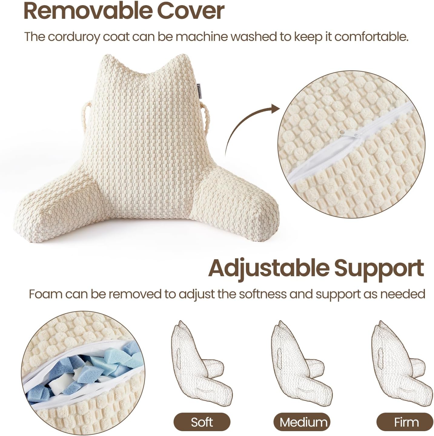 Yagamo Yaagmo Large Reading Pillow for Bed Sitting Up, Corduroy Backrest Pillow with Shredded Memory Foam Filling, Back Support Cush…
