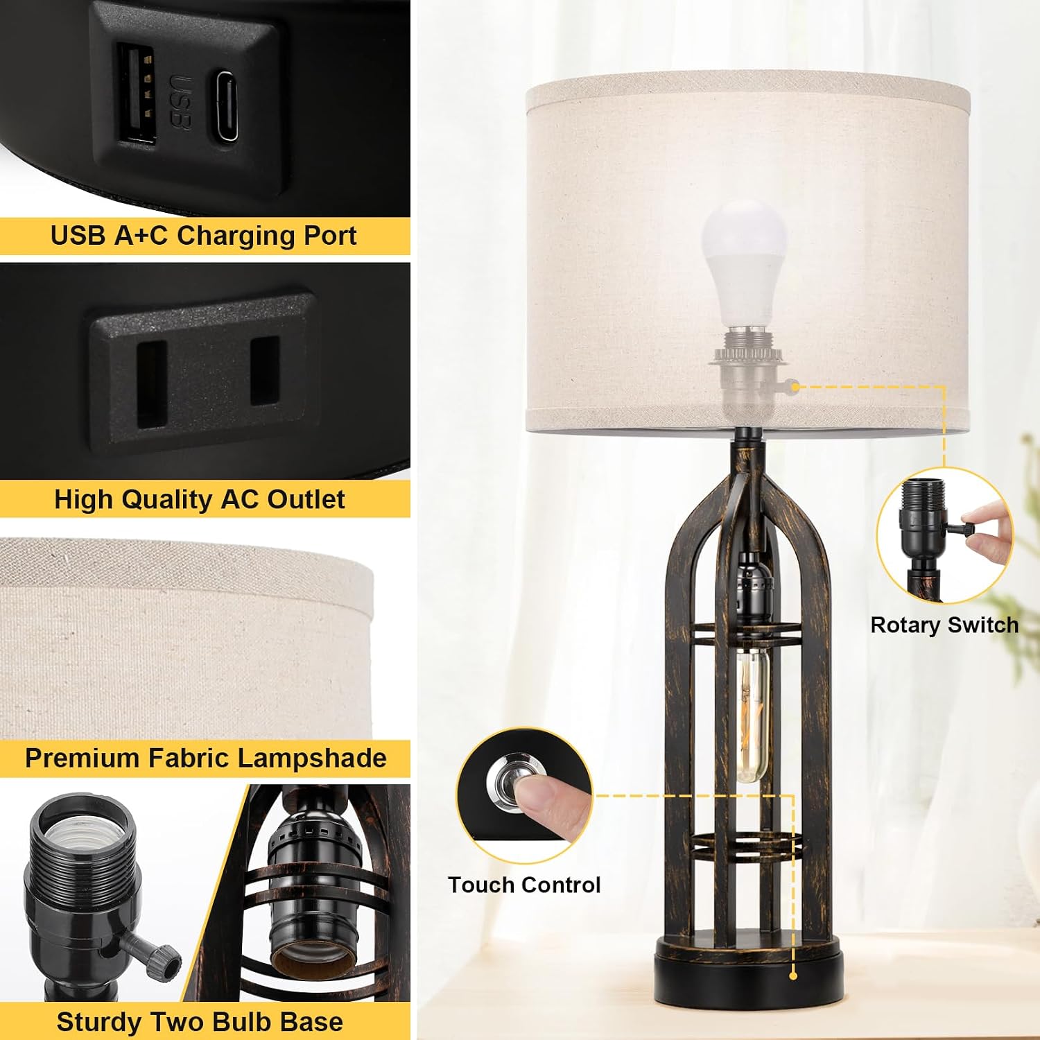 Seealle Table Lamp for Living Room Set of 2 - Copper Bedside Lamp for Bedroom with USB C+A & Outlet, Farmhouse Lamps for Night Stands…