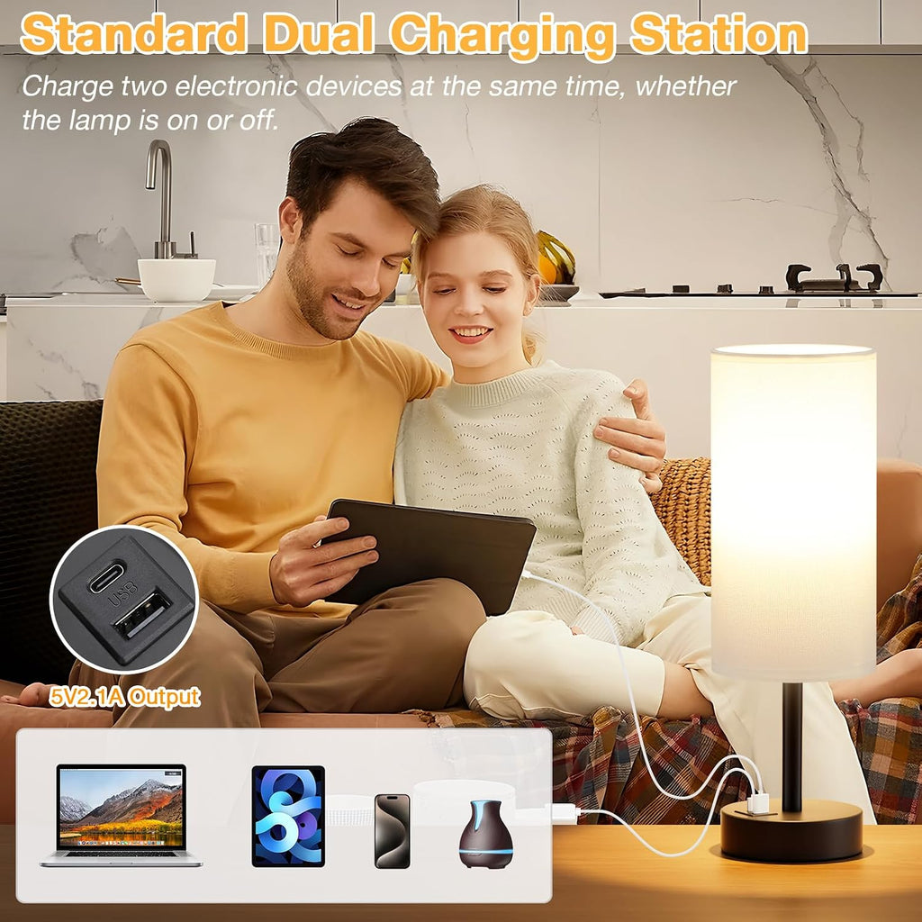 Dicoool White Touch Table Lamp with USB - 3 Way Dimmable Bedside Lamp for Nightstand, Bedroom Lamp with Black Charging Station for Desk…