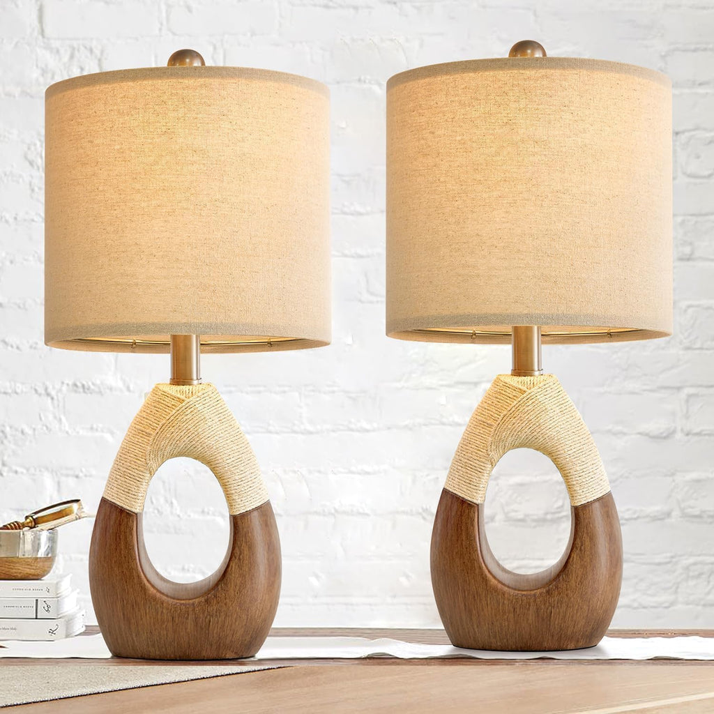 OYEARS Boho Table Lamps Bedroom Living Room Set 2, Suitable for Small Space, Farmhouse RattanTable Lamp 19”Rustic Egg Design Resin Light…