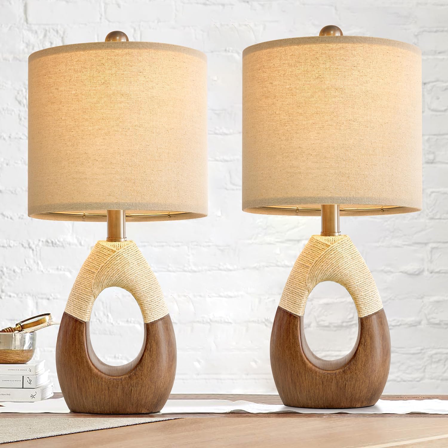 OYEARS Boho Table Lamps Bedroom Living Room Set 2, Suitable for Small Space, Farmhouse RattanTable Lamp 19”Rustic Egg Design Resin Light…
