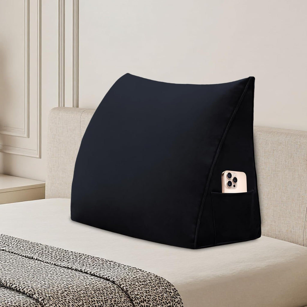 Wedge Headboard Pillow Reading Backrest Pillow for Sitting in Bed Sofa Dorm with Removable Cover Side Pockets Dutch Velvet Fabric Black