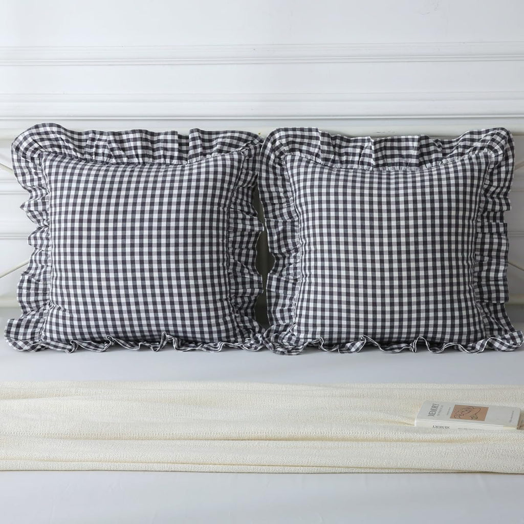 Mywinlle Black/White Plaid Ruffle Throw Pillow Covers Set of 2, Checkered Washed Cotton Gingham Decorative Pillow Shams Farmhouse Pillowcase…