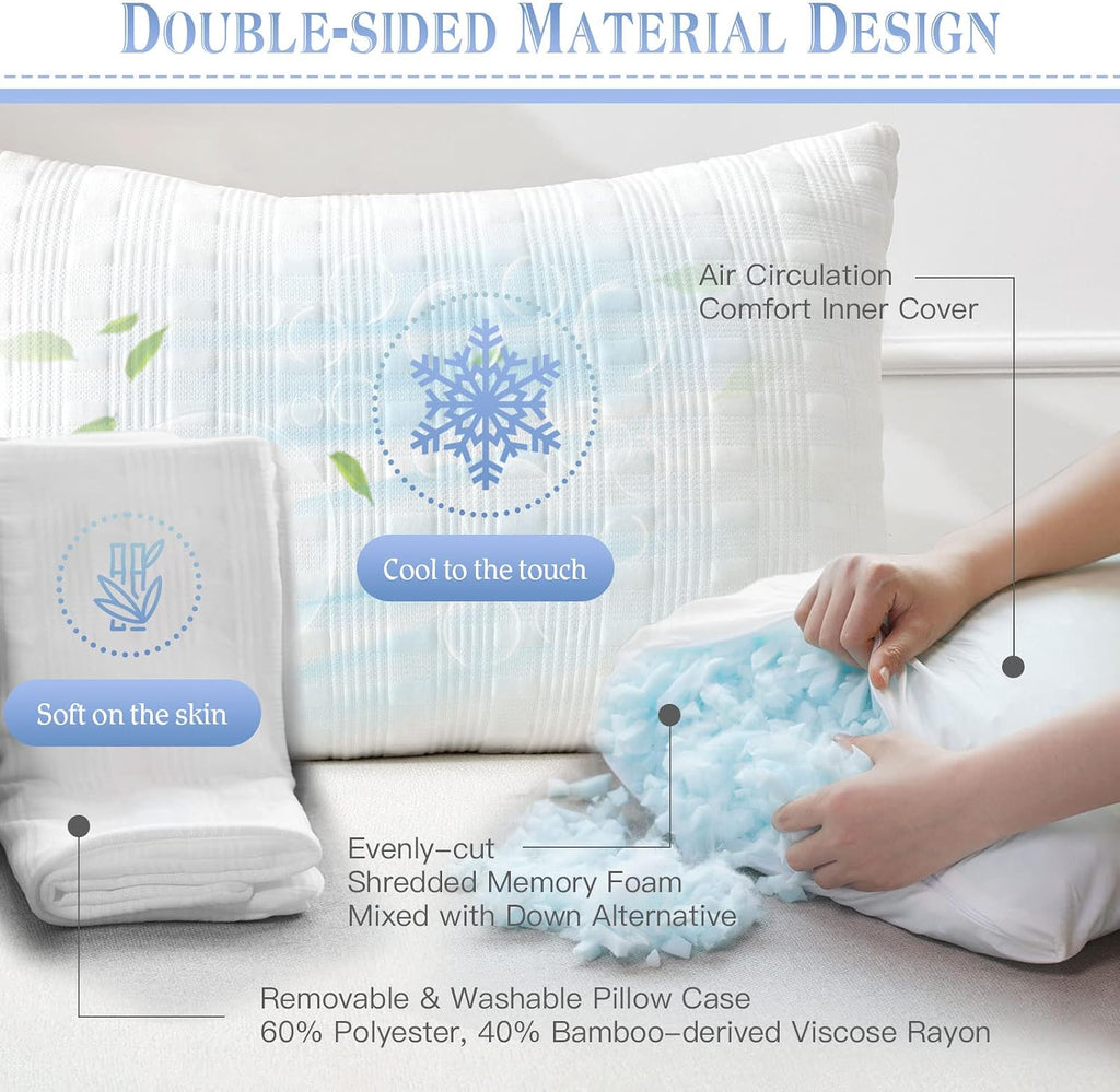 Meoflaw Cooling Pillows for Sleeping Queen Size Set of 2, Shredded Memory Foam Bed Pillow with Pillow Case-Double Sided…