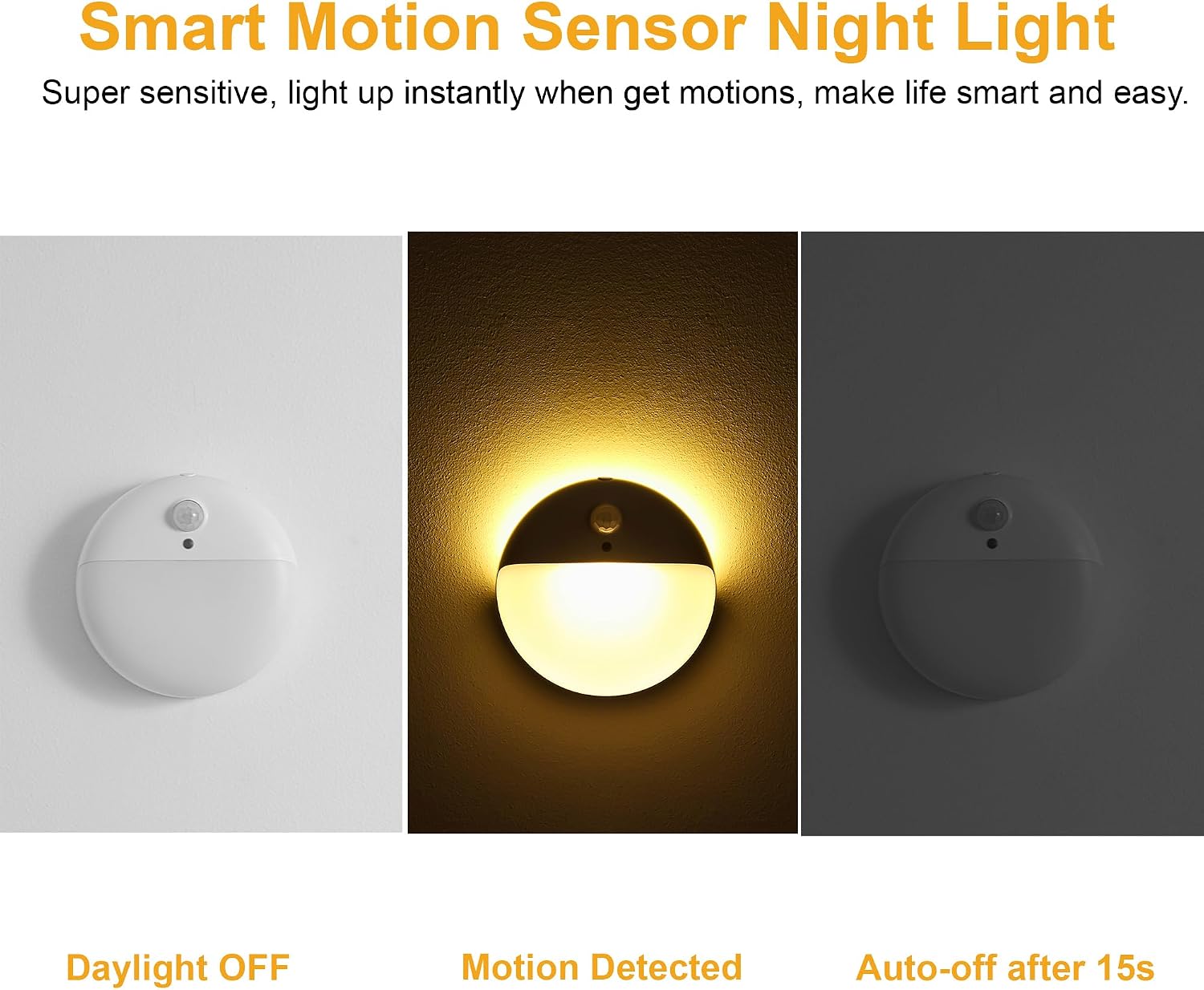 YUNLEX 2 Pack Motion Sensor Night Light, Gold Yellow, 3 Lighting Modes, Stepless Dimming, Battery-Powered, Dimmable LED, Suitable for…