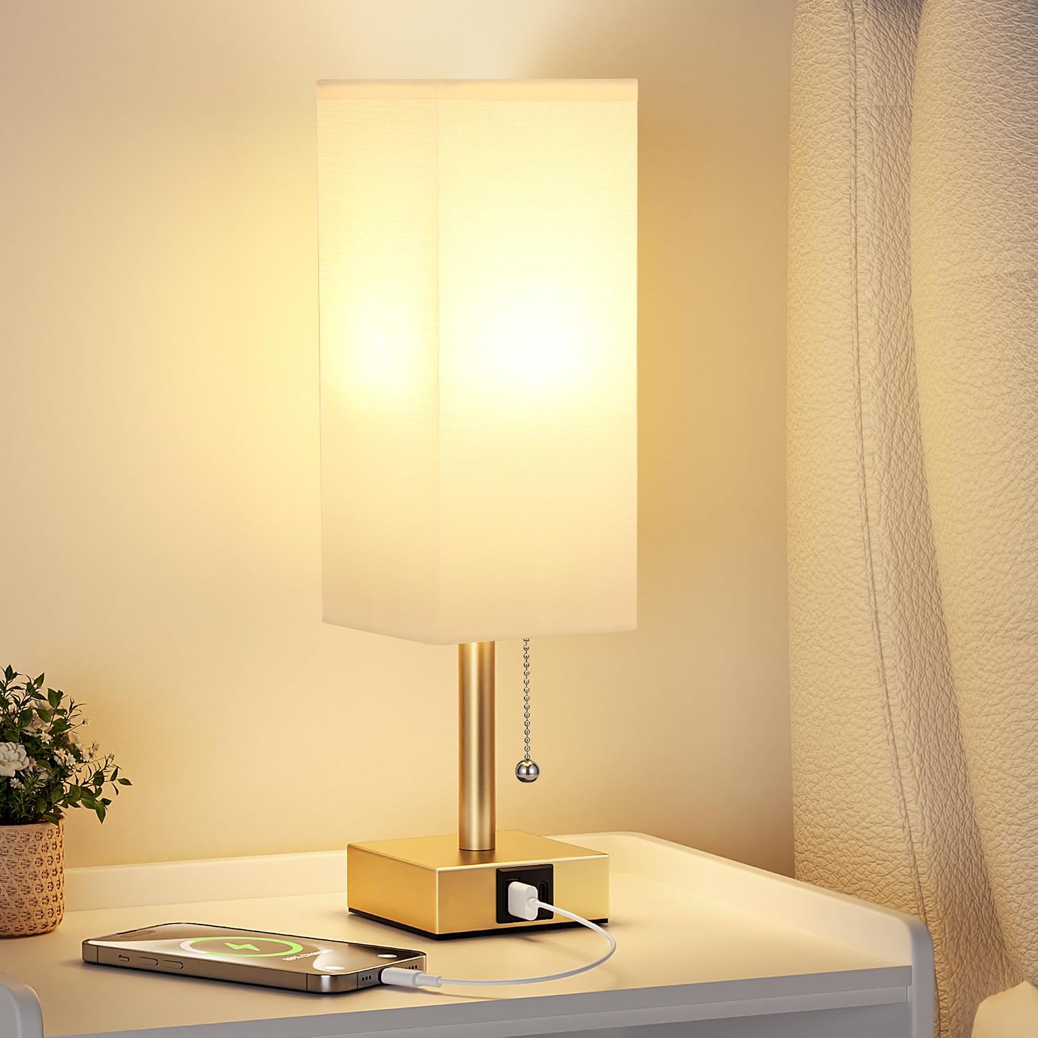 Aooshine White Small Table Lamp for Bedroom - 3 Color Temperature 3000K 5000K 4000K Bedside Lamp, Pull Chain Control, USB A and C Ports, Pu…
