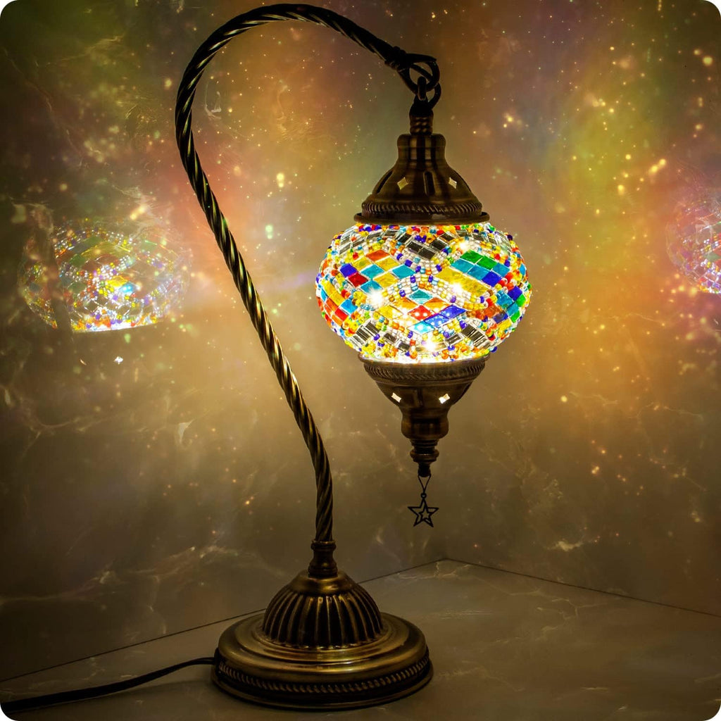 Yarra-Decor Turkish Moroccan Lamp with Bronze Base 3-Way Color Changing Handmade Swan Neck Tiffany Mosaic Glass Bedside Lamps for Bedroom…