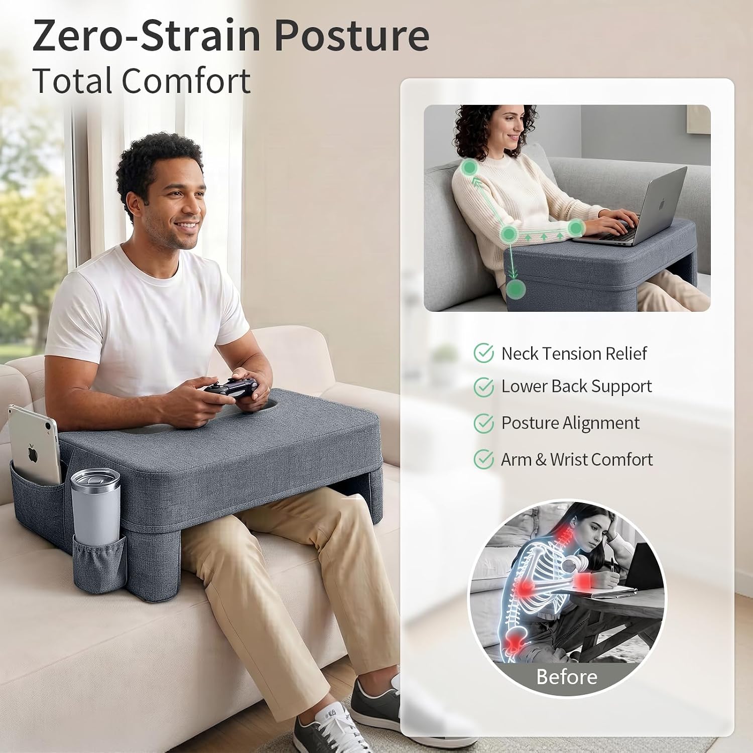 Septsun 26" Extra Wide Lap Desk Pillow - Gaming Reading Pillow & Laptop Lap Desk w/Ergonomic Arm Elbow Support for WFH, Bed, Couch, Floor…