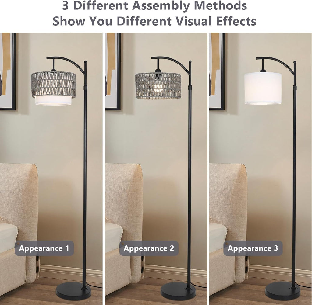 eyassi Floor Lamps for Living Room, Arc Standing Lamp with Remote & Dimmable Bulb, Boho Rattan Floor Lamp for Bedroom with 3 Color…