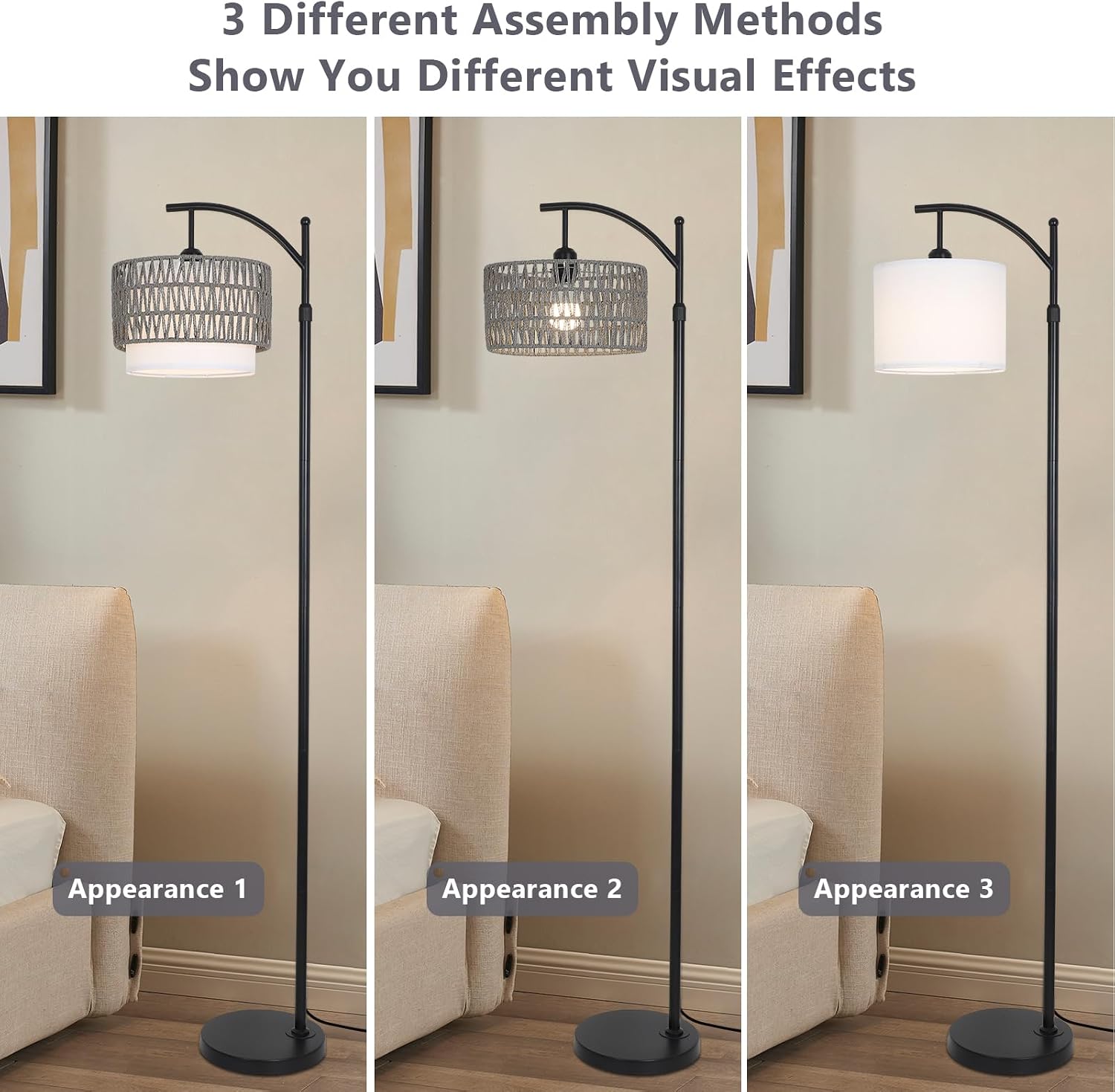 eyassi Floor Lamps for Living Room, Arc Standing Lamp with Remote & Dimmable Bulb, Boho Rattan Floor Lamp for Bedroom with 3 Color…