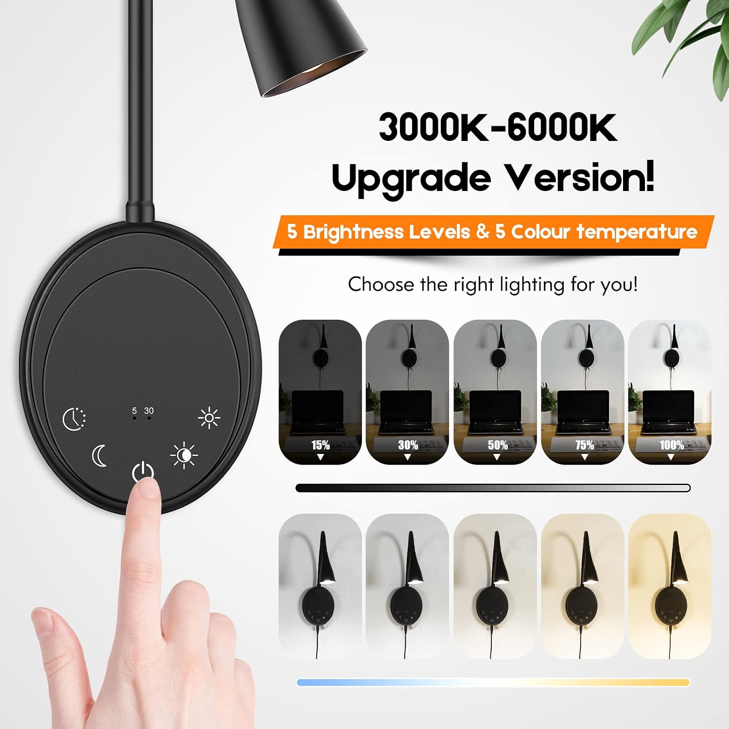 SANKEDOU LED Wall Mount Reading Light, Bedside Reading Lights with Touch Control, 5 Dimmable, USB Output, Night Light & Timers, Flexible…