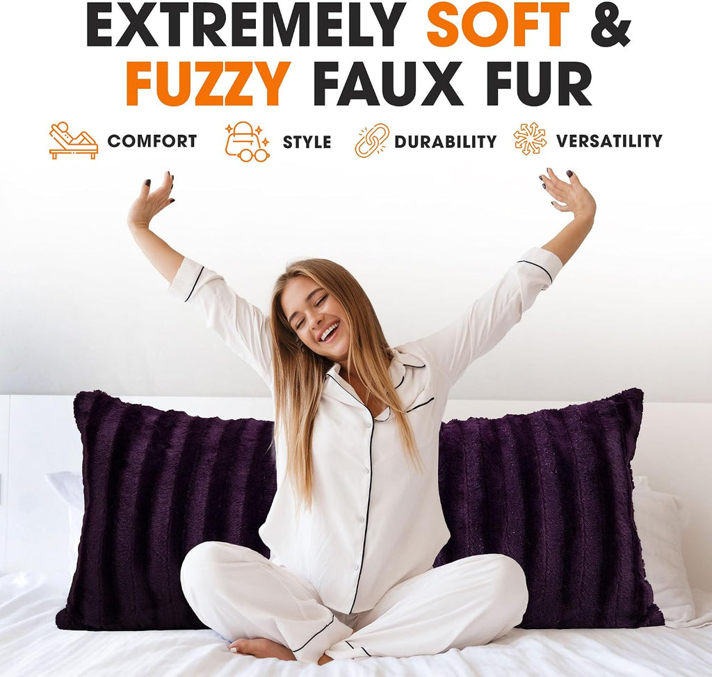 Cheer Collection Faux Fur Long Body Pillow - Accent Throw Pillow for Bed and Couch - Decorative Lumbar Pillow with Insert, Purple (18" x…