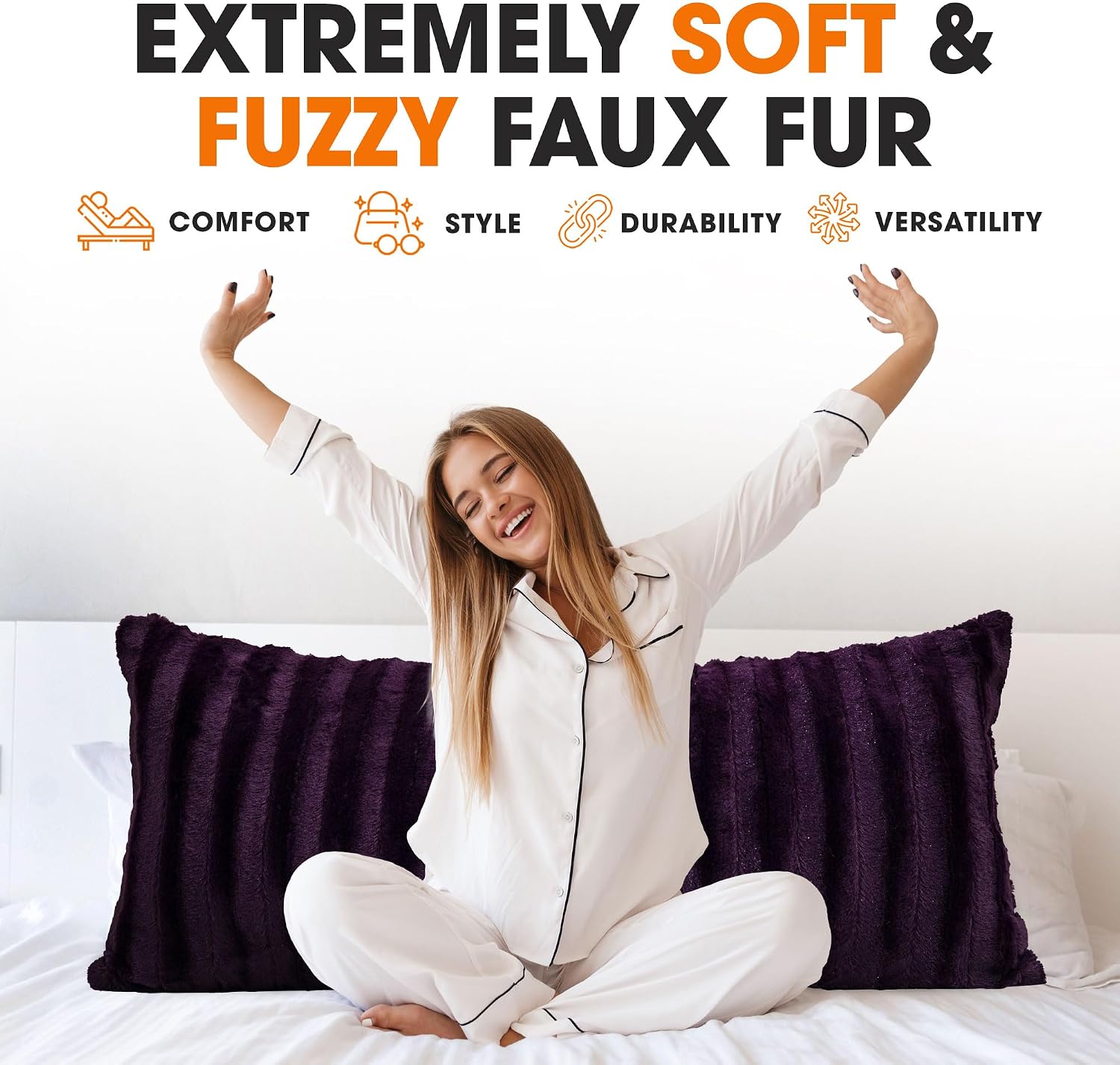 Cheer Collection Faux Fur Long Body Pillow - Accent Throw Pillow for Bed and Couch - Decorative Lumbar Pillow with Insert, Purple (18" x…