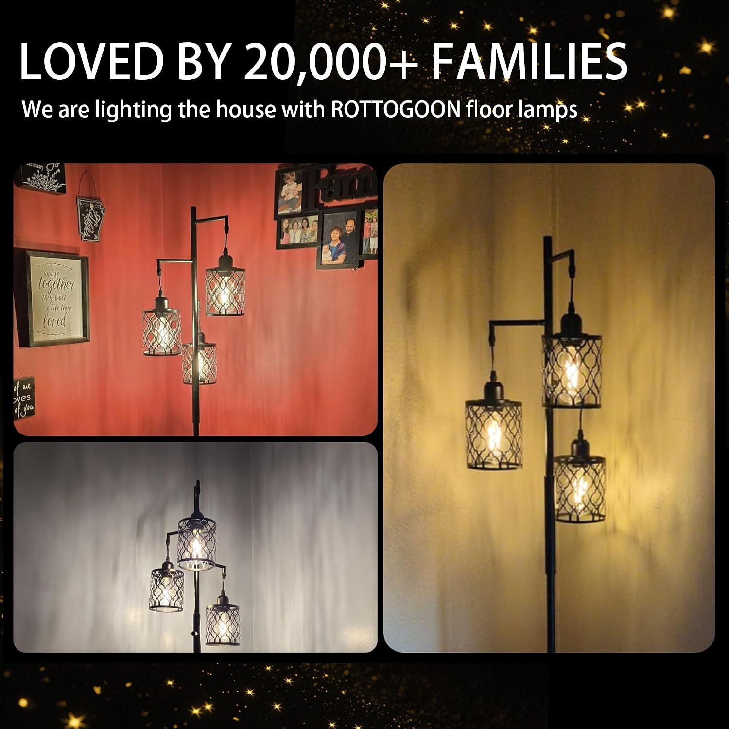 ROTTOGOON Dimmable Farmhouse Floor Lamp, Industrial Floor Lamp for Living Room with 3 X 6W LED Bulbs, 3 Light Rustic Standing Tall Lamp…