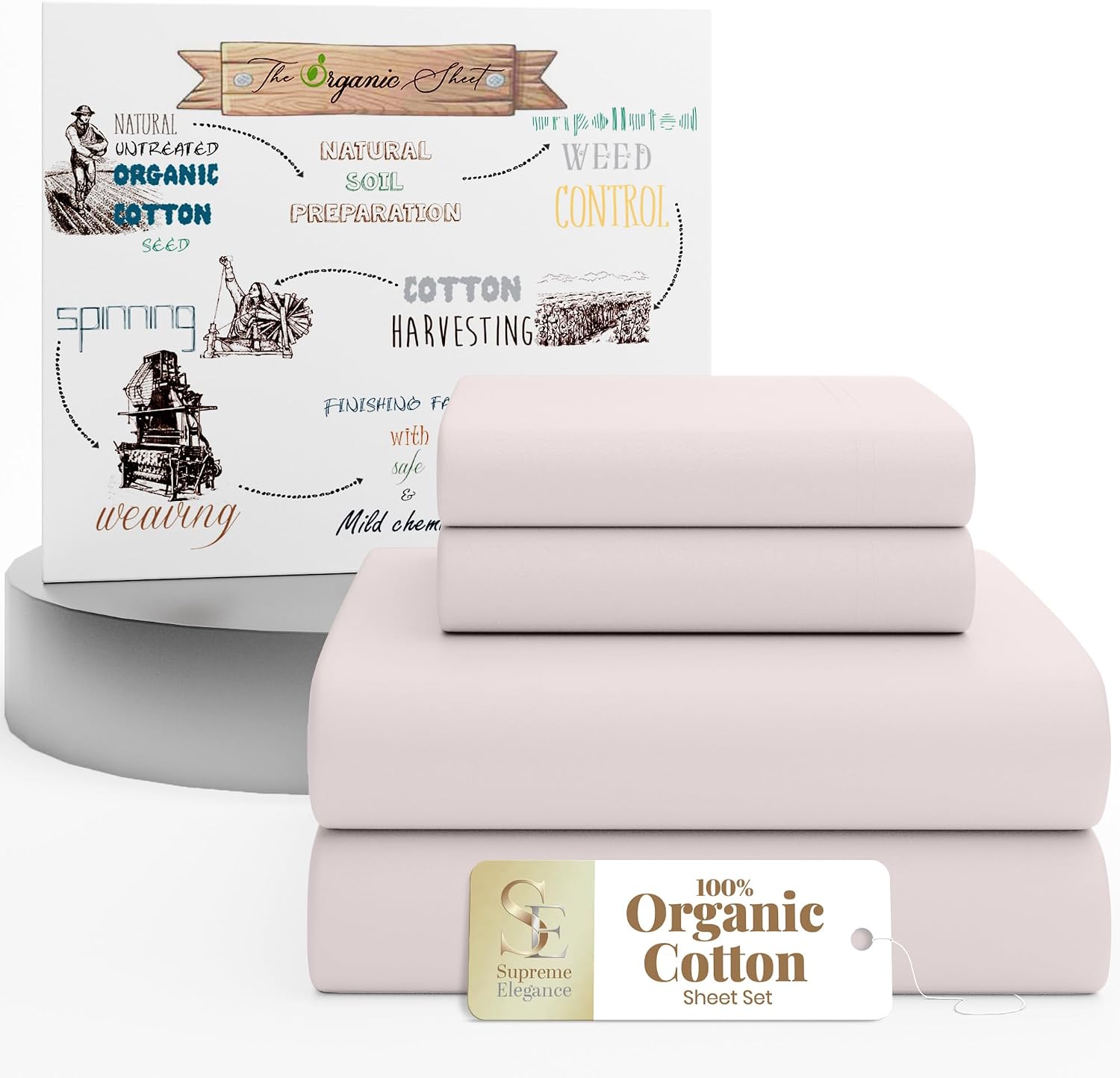 SupremeElegence SUPREME ELEGANCE 4Pc 100% Organic Cotton King Size Sheets Set, Blush, Cooling Percale, Deep Pocket Fitted Sheet, Fits Mattr…