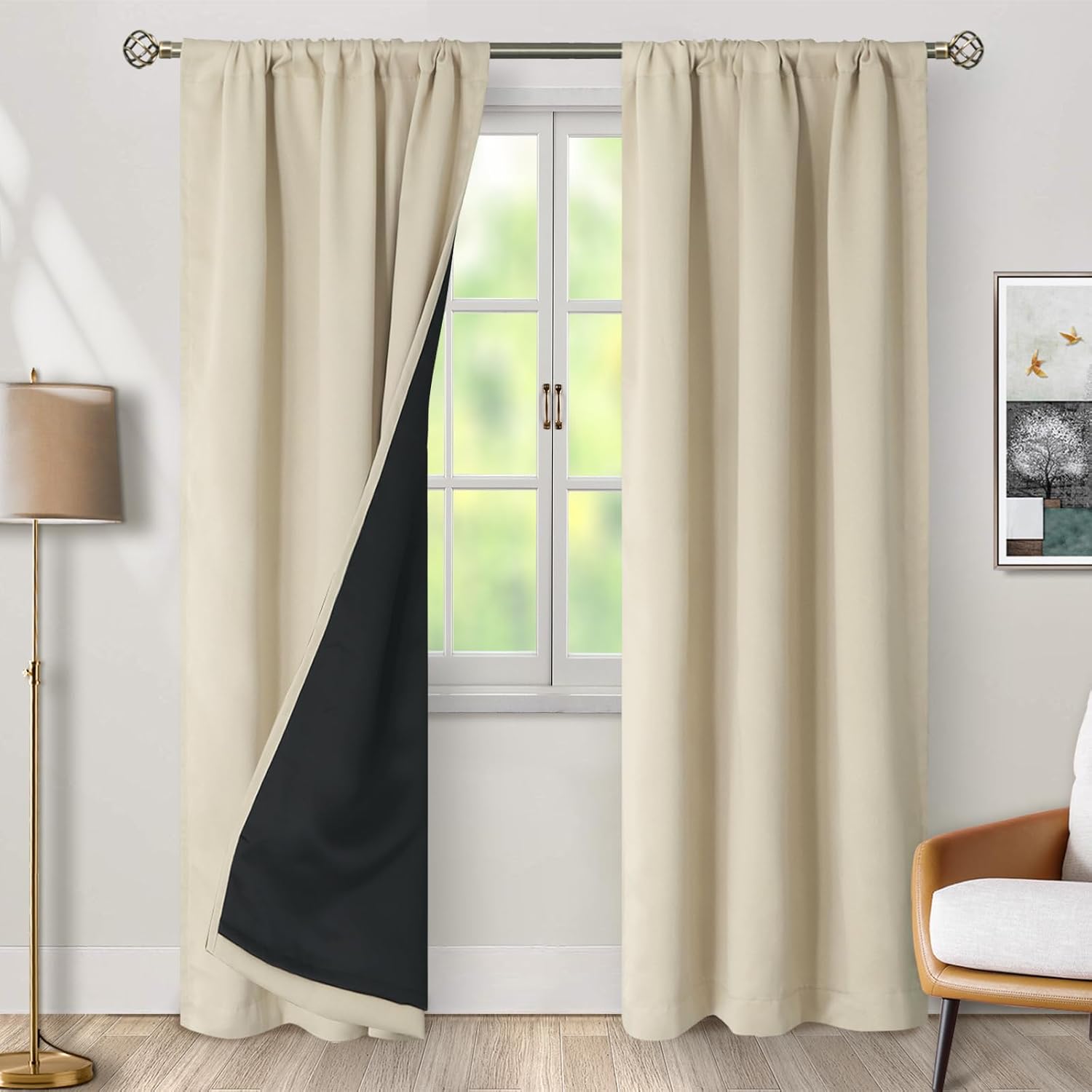 BGment Beige 100% Blackout Curtains for Bedroom, 84 Inch Length 2 Panels Set Black Out Living Room Panels with Thermal Liner, Rod Pocket…