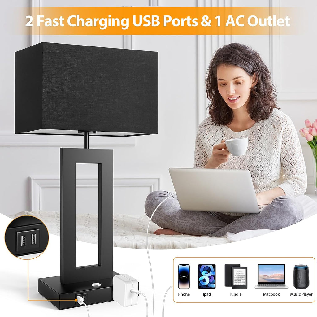 3 Color Temperatures Black Table Lamps for Bedrooms Set of 2, 22’’ Touch Control Bedside Nightstand Lamps with 2 USB Ports & AC Outlet…