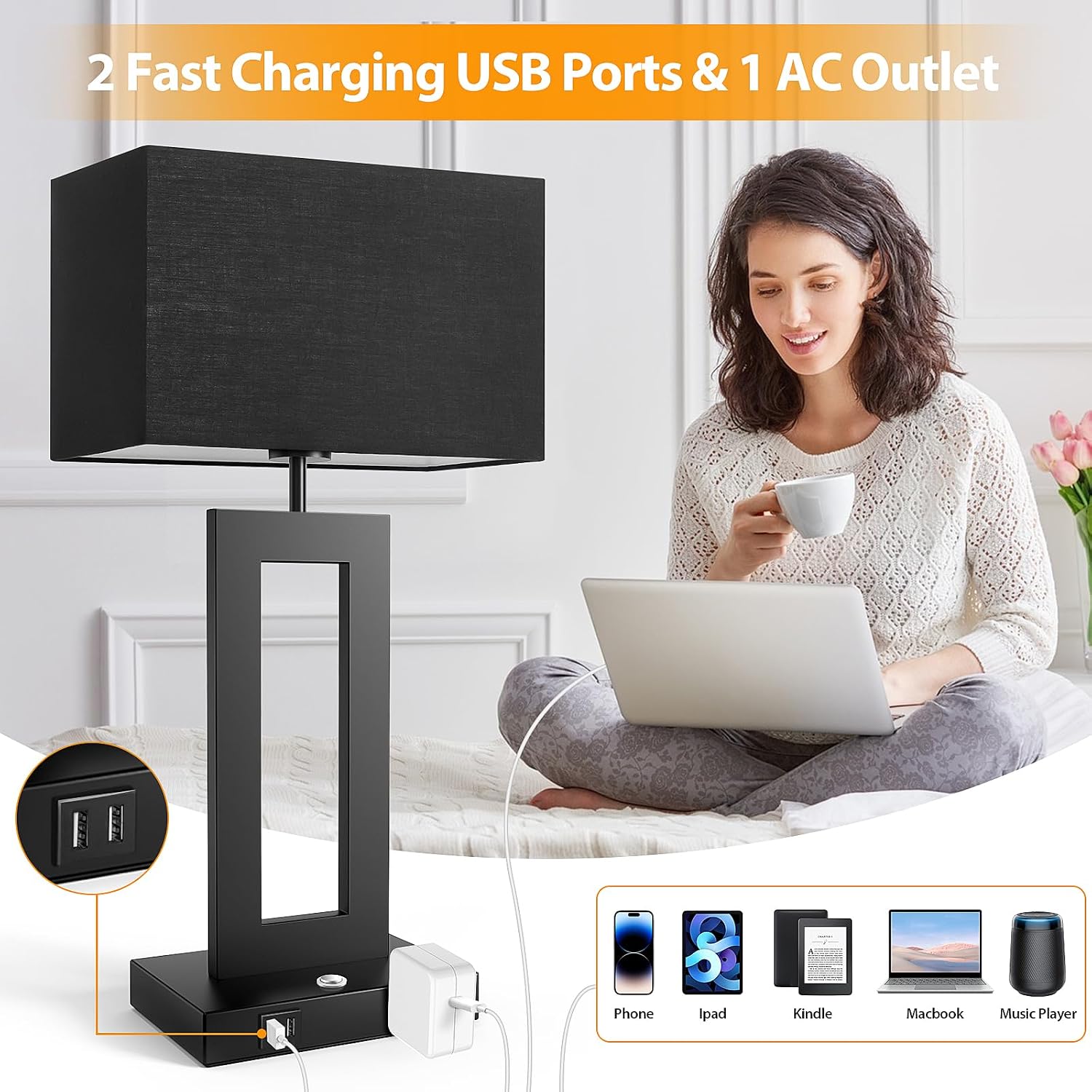 3 Color Temperatures Black Table Lamps for Bedrooms Set of 2, 22’’ Touch Control Bedside Nightstand Lamps with 2 USB Ports & AC Outlet…