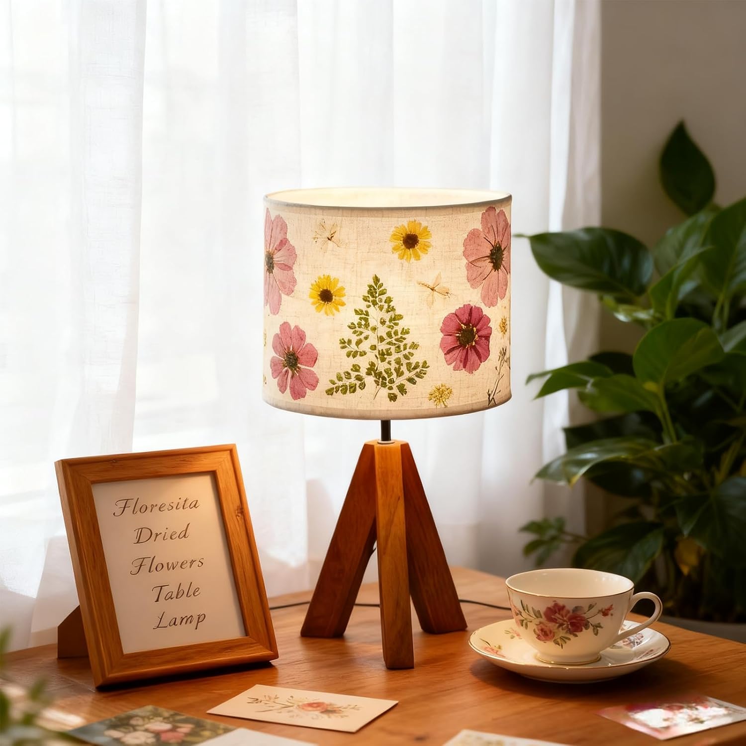 Dried Flowers Tripod Table Lamp 14.96in, 9W LED 3-Color Cute Bedside Lamp with Flowers Linen Lampshade for Nursery, Bedroom, Kid Room…