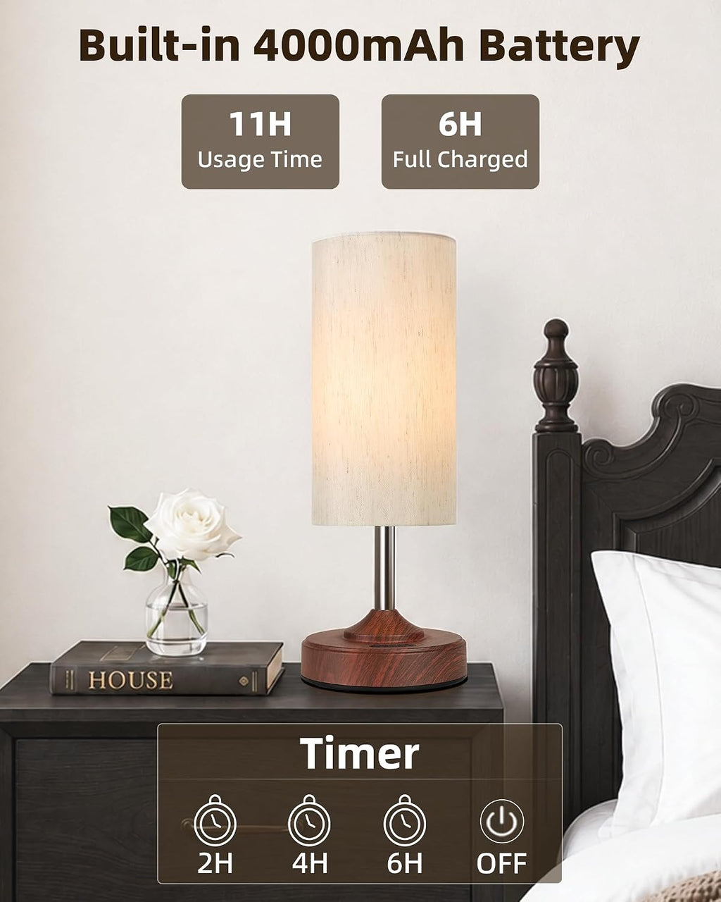 EZVALO Cordless Table Lamp, Ambient Light, Walnut-Grain Finish, Dimmable, Touch, Timer, 2700K, Decor, Portable, Wireless, Rechargeable…