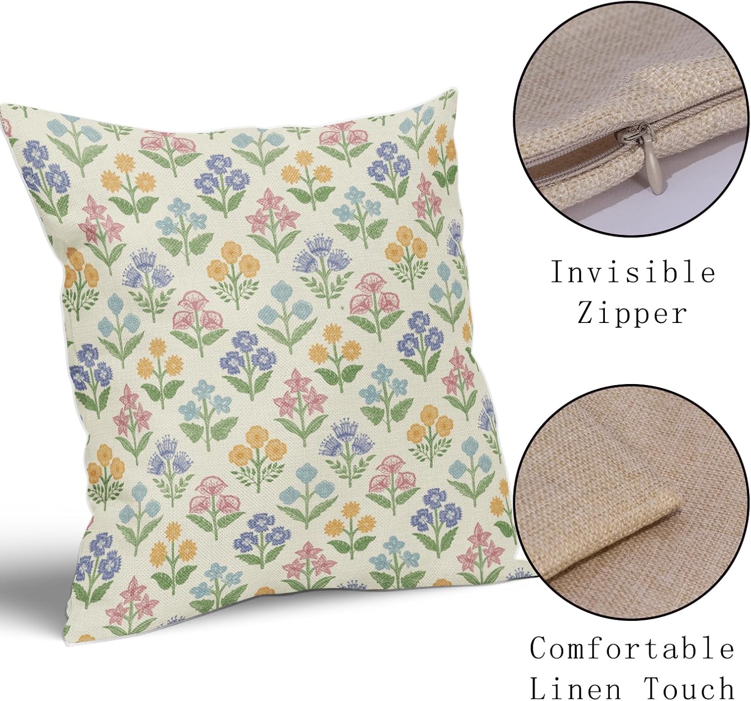 Spring Floral Easter Block Print Pillow Covers 24x24 Inch Set of 2, Pink Yellow Blue Purple Flower Holiday Decorative Throw Pillowcases…