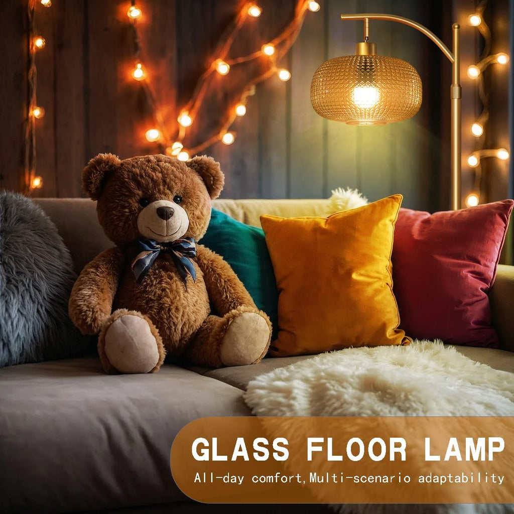 Glass Floor Lamp for Living Room with Amber Glass Lampshade, Dimmable Modern Standing Lamp with 12W LED Bulb, Remote Control Tall Lamp…
