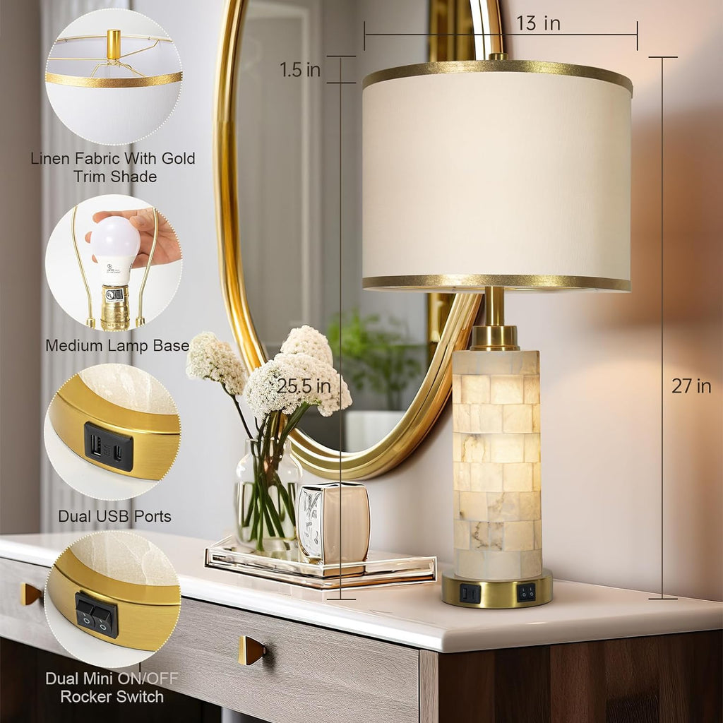 KIVDITZO 27" Alabaster Table Lamps Set of 2, Lamps for Living Room Bedroom, Bedside Lamps with Night Light, Nightstand Lamp with USB A+C…