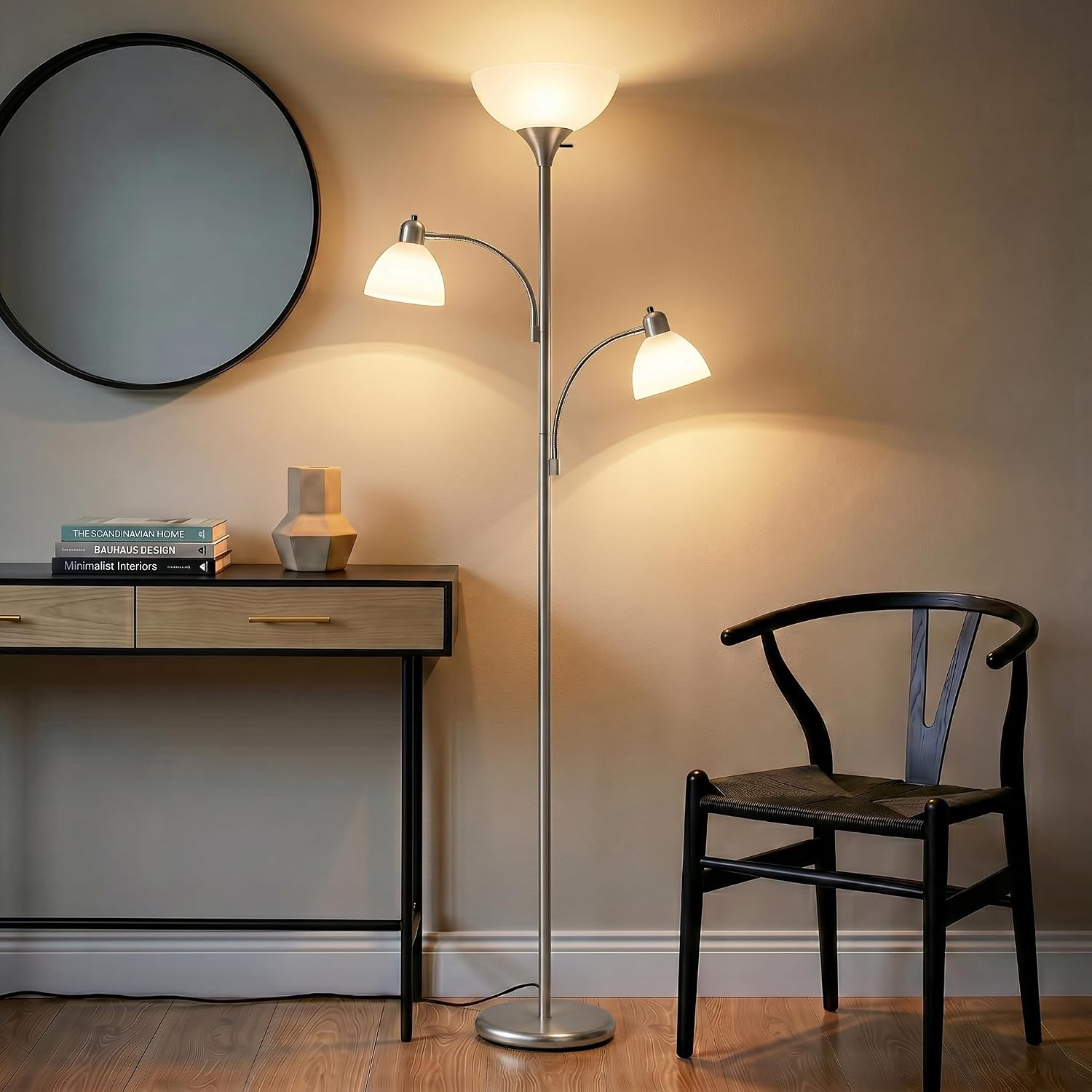 Brightech Sky Dome Double LED Floor lamp, Torchiere Super Bright Floor Lamp with 2 Reading Lamps for Living Rooms & Offices - Dimmable…