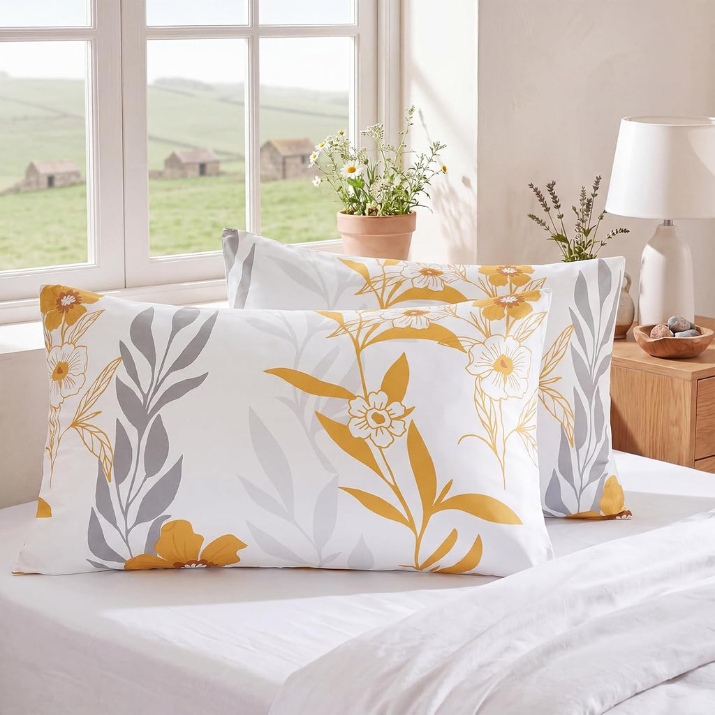 Bedorm 100% Cotton Pillowcases King Size Set of 2 Yellow Floral Pillow Covers Flower Leaf Botanical Print Decorative Pillow Cases with Pock…