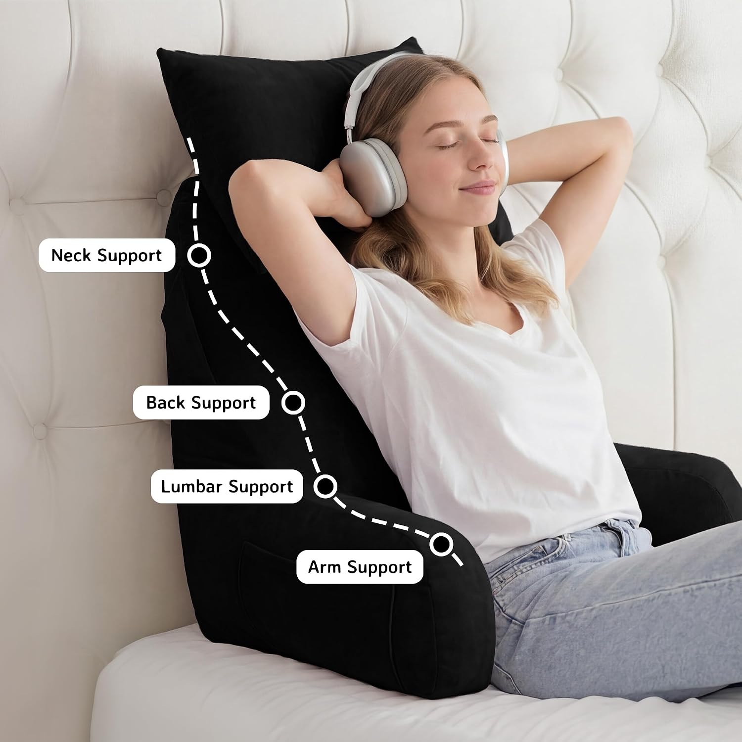 Unisakey Portable Reading Pillows with Headrest for Bed Sitting Up(Black Oeko-Tex), Velvet Back Pillow with Arms & Pockets for Adults…
