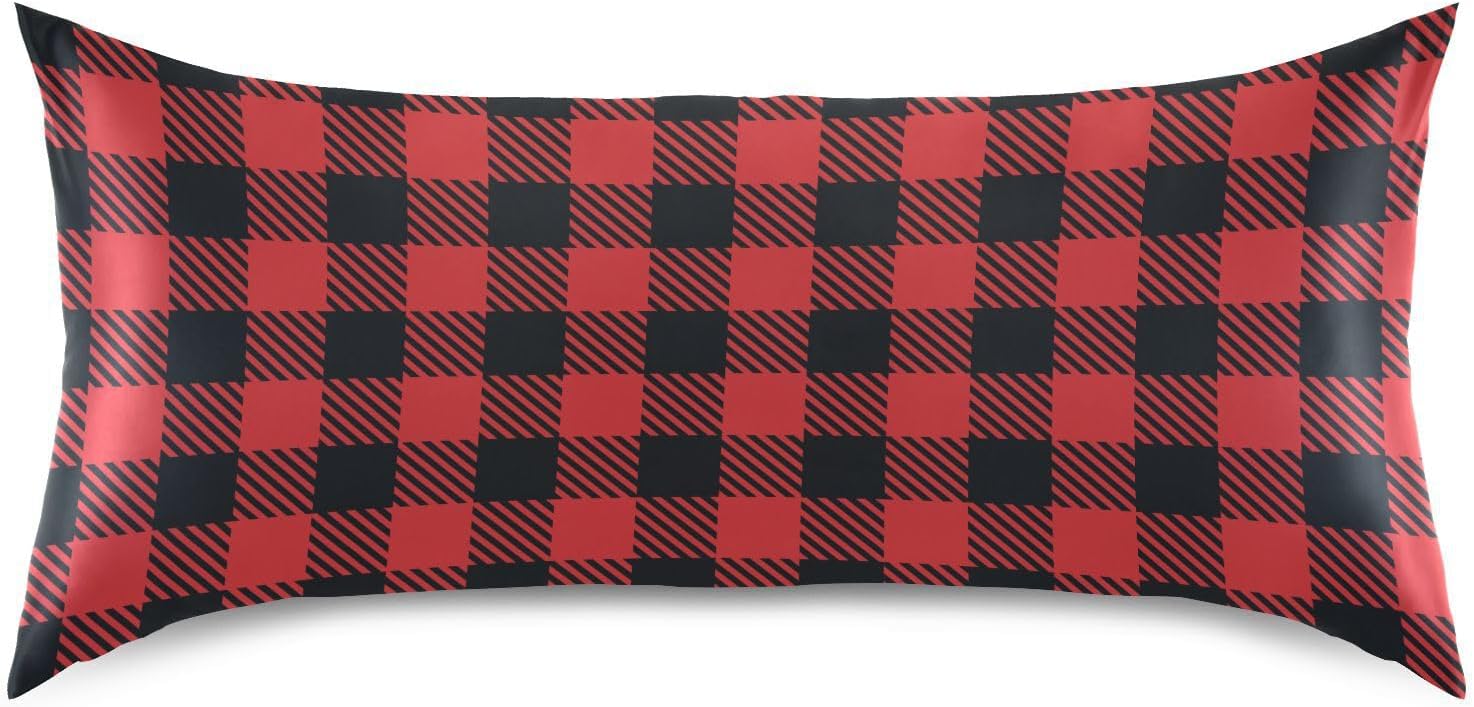 Plaid Red Print Pillow Covers Silk Pillowcase for Hair and Skin Breathable Soft Satin Pillowcase Queen Size Pillow Case for Girls Women…