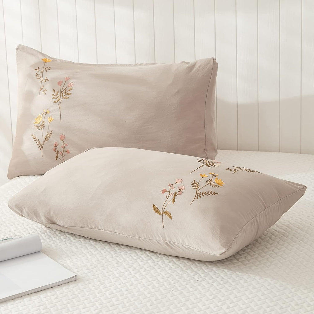 Moveover Taupe Pillowcases, Embroidery Flower Pillow Cases Set of 2, 100% Soft Washed Microfiber, Pink and Yellow Floral Pattern Country St…