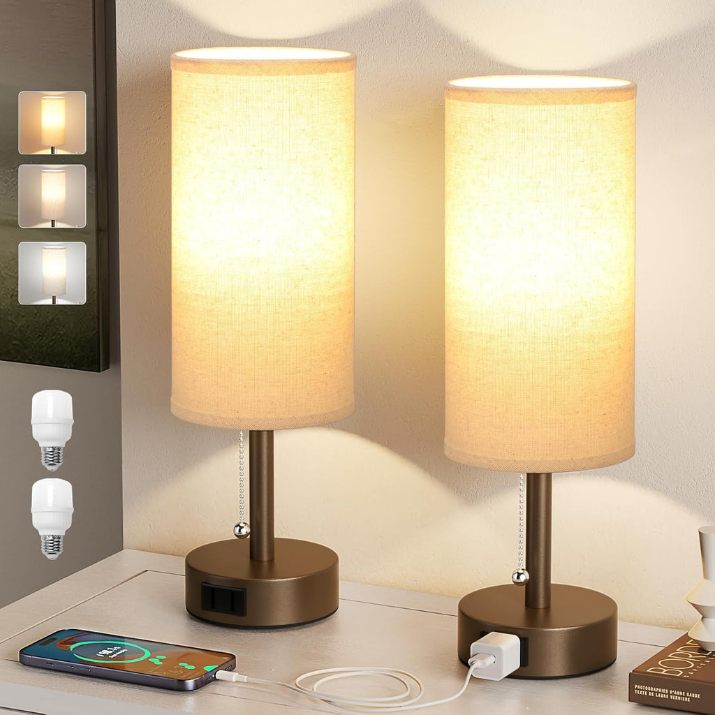 Fenmzee Brown Bedside Table Lamps Set of 2-3 Color Temperatures Pull Chain Lamp with AC Outlet Charging Port, Small Round Night Stand…