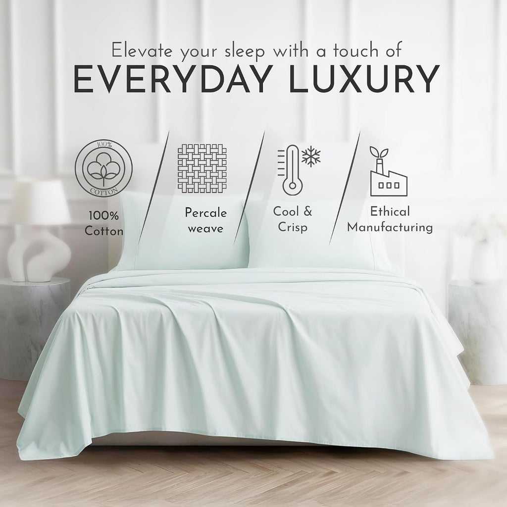 Linen Closet 3 Pcs 100% Cotton Twin Sheets Set, Sea Green, 400 Thread Count, Percale Weave, Deep Pocket Fitted Sheet, Fits Up To 18"…