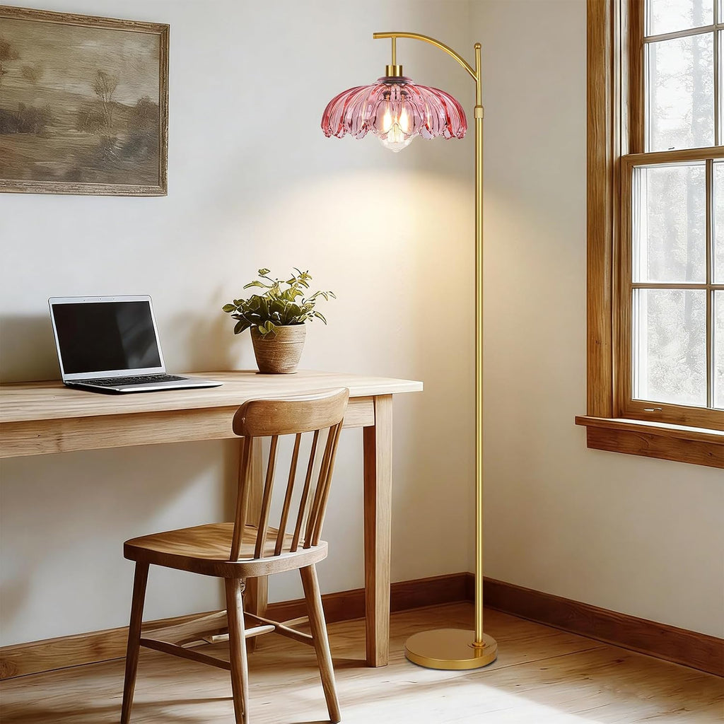 QIYIZM Pink Floor Lamp for Living Room, Bedroom, Gold Dimmable Standing Lamp with Remote, Mid Century Modern Brass Tall Lamp Boho Floor…