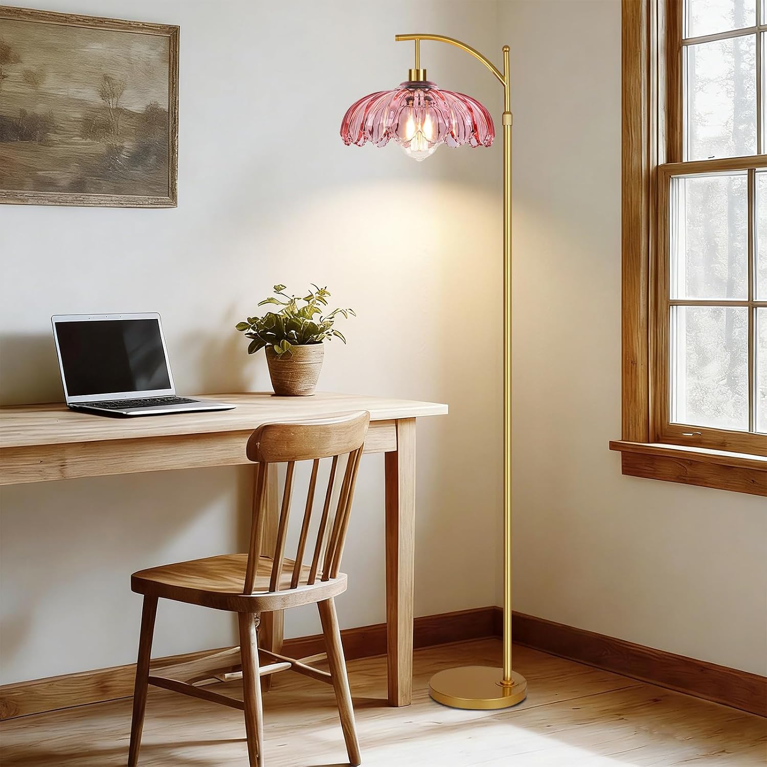 QIYIZM Pink Floor Lamp for Living Room, Bedroom, Gold Dimmable Standing Lamp with Remote, Mid Century Modern Brass Tall Lamp Boho Floor…