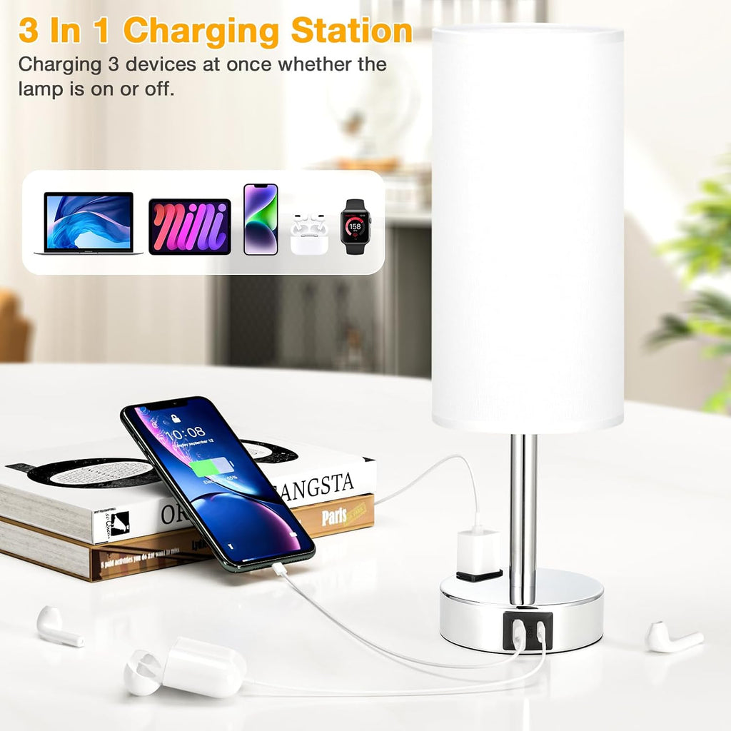 PartageiZ White Touch Nightstand Lamps Set - 3 Way Dimmable Bedside Table Lamp for Bedroom with USB Ports, Small Lamps with AC Outlet for…
