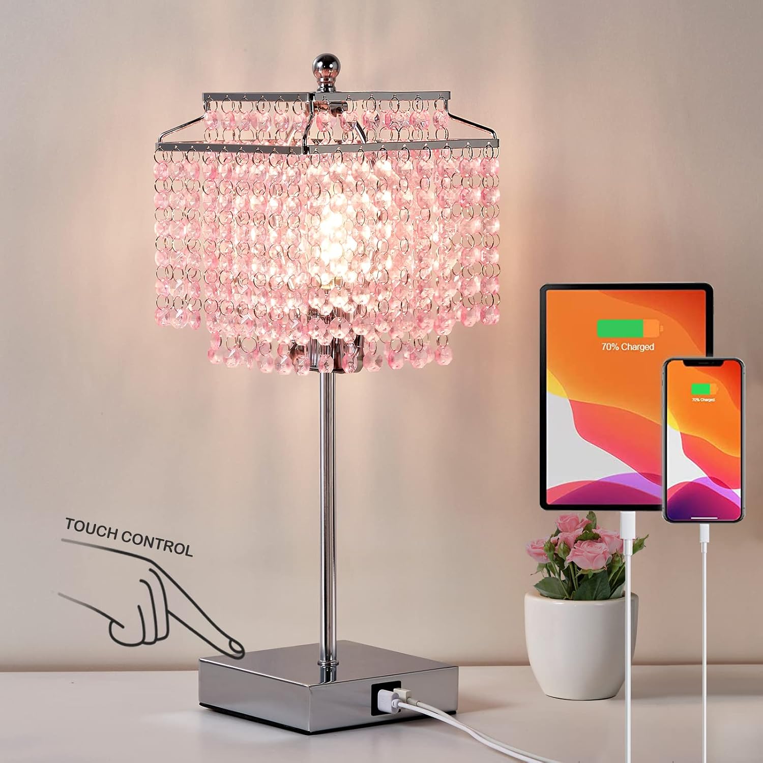 Luvkczc Crystal Touch Table Lamp, Bedside Lamp with USB C+A Ports, Pink Lamp, Dimmable Lamp with Crystal Shade, Nightstand Lamp for Girl…