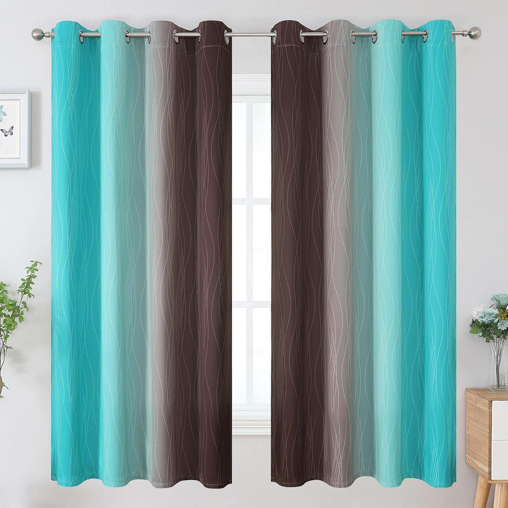 Estelartextiler Estelar Textiler Brown and Teal Ombre Blackout Curtains 63 Inches Long for Kids Room, Thermal Insulated Gradient Full Light…