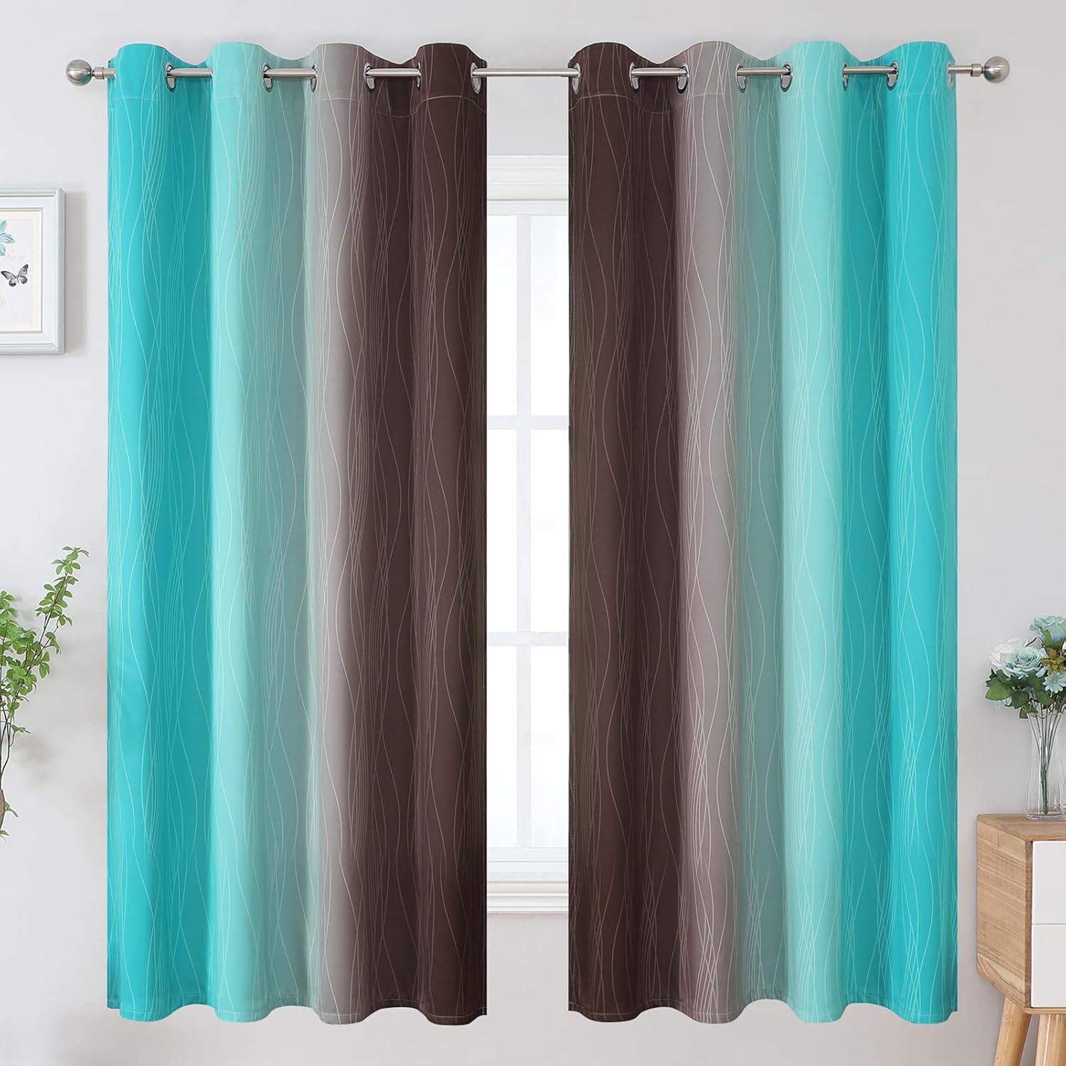 Estelartextiler Estelar Textiler Brown and Teal Ombre Blackout Curtains 63 Inches Long for Kids Room, Thermal Insulated Gradient Full Light…