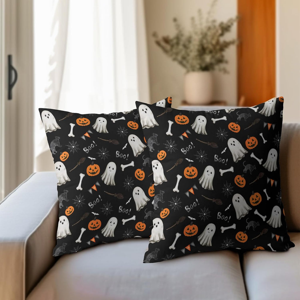 Halloween Throw Pillow Covers 16X16 Inch 2 Packs Boo Cute Ghost Orange Pumpkins Bat Web Decorative Black Pillow Cases Holiday Cotton…